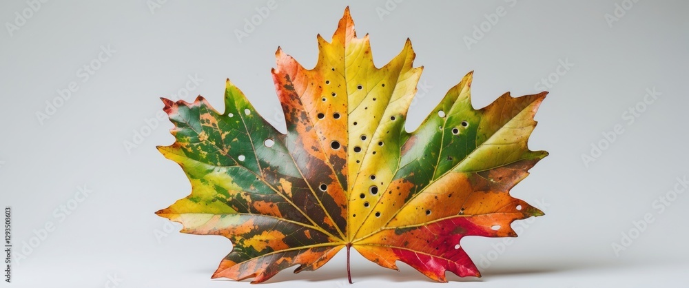 Aufkleber Vibrant fall maple leaf showcasing an array of colors and unique textures set against a clean white background for seasonal themes.