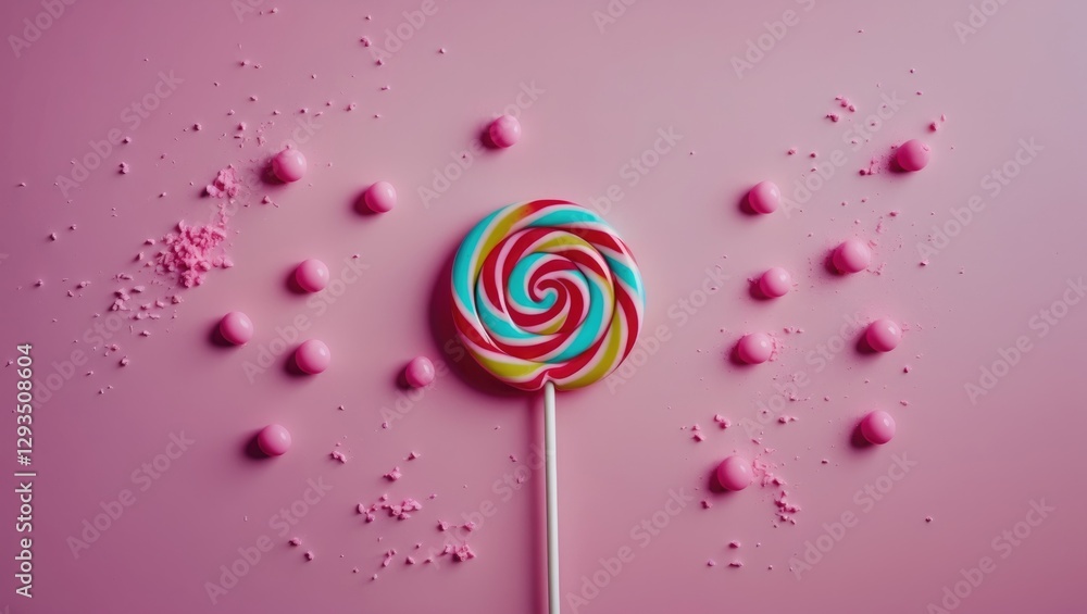 Poster colorful lollipop candy on pastel pink background with scattered sweet crumbs and drops, top view fl