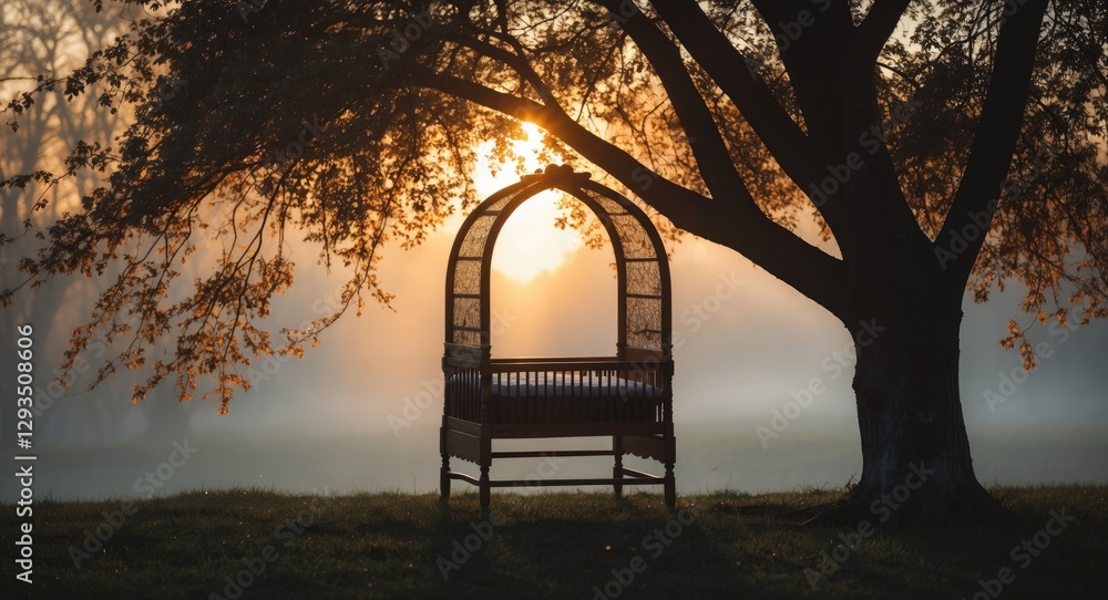 Poster Serene Silhouette of Cradle Under Tree With Warm Sunset Lighting and Empty Space for Text or Quotes