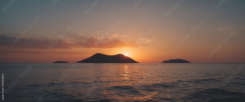 Aufkleber Tranquil Sunset Over Island Silhouette with Ocean Reflection and Open Space for Text or Design Elements