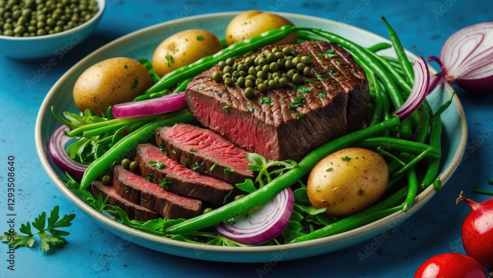 Poster healthy beef steak salad with capers, boiled potatoes, green beans and red onions on blue background