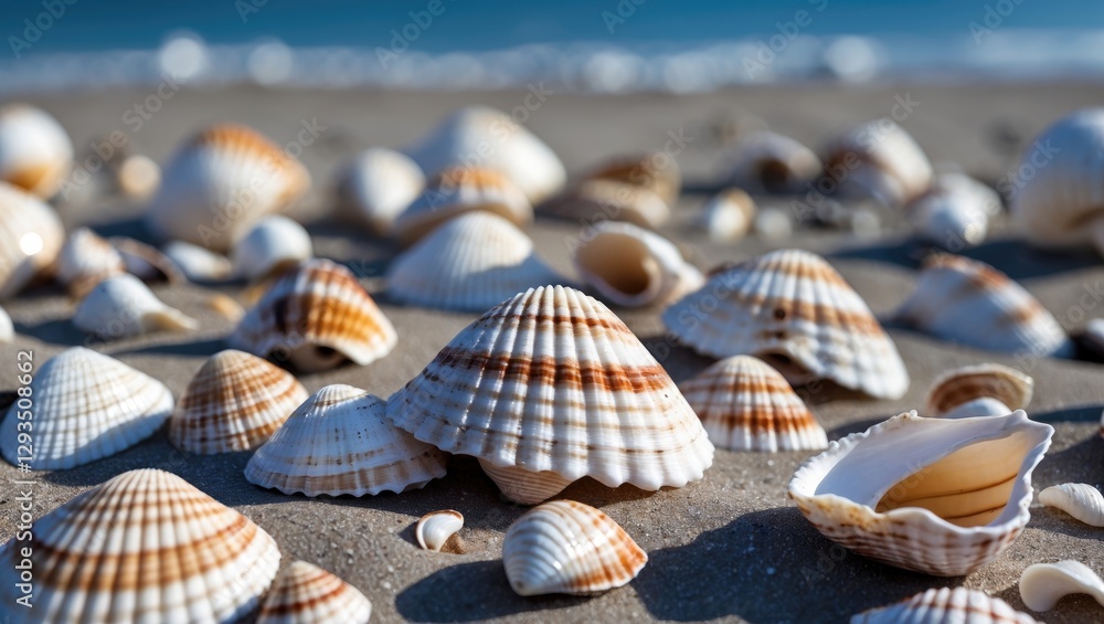 Poster variety of seashells scattered across sandy beach with gentle waves in the background showcasing nat