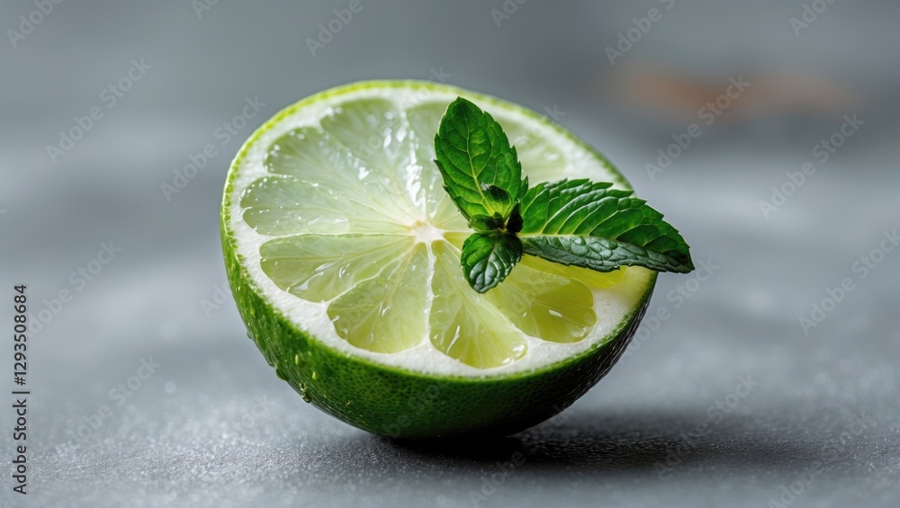 Poster Freshly sliced lime garnished with mint leaves on a textured surface with ample empty space for creative text or design elements.
