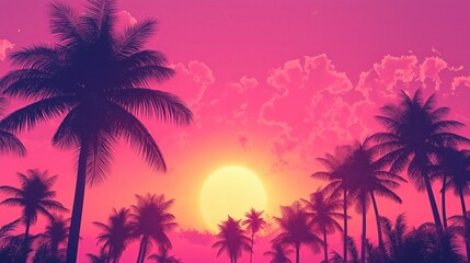 A vaporwave sunset with palm trees silhouetted against pink skies. 