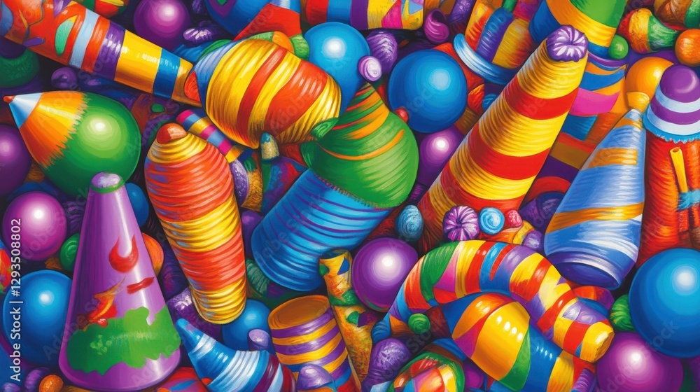 Poster vibrant abstract background with colorful cones and spheres in various patterns and designs