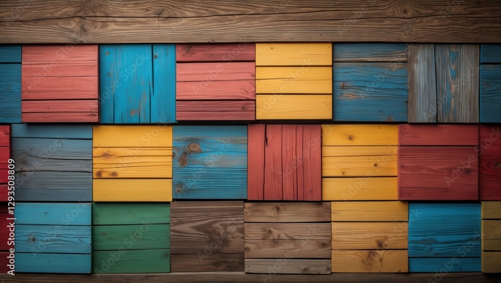 Poster Vibrant wooden squares textured background in a colorful patchwork design suitable for creative and artistic projects.