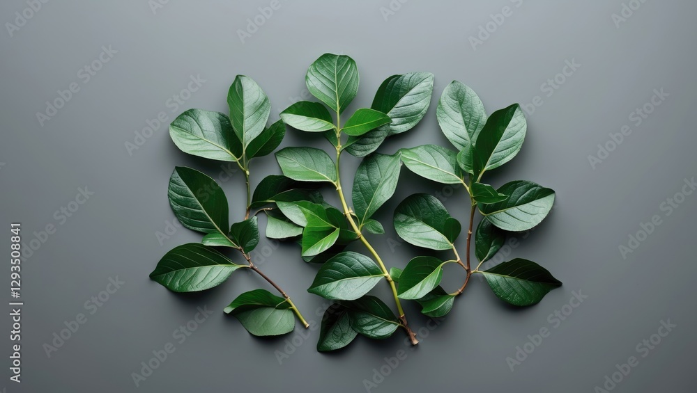 Poster lush green leaves arranged artistically on a grey background showcasing nature's elegance and simpli
