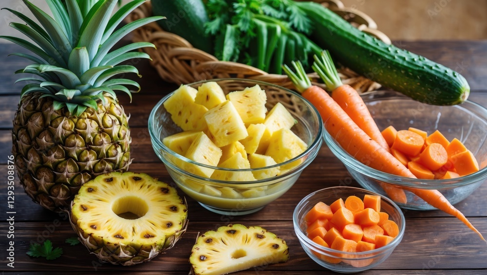 Aufkleber Fresh Pineapple Cucumber and Carrot Slices on a Wooden Table with Empty Space for Text Ideal for Healthy Recipes and Smoothie Ingredients