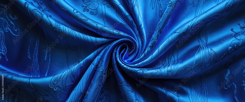 Aufkleber Blue silk fabric texture with intricate abstract patterns showcasing depth and elegance in luxurious textile design.