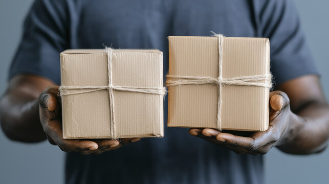 person holding two wrapped packages in hands, showcasing delivery