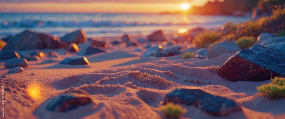 Poster serene beach landscape featuring sand and rocks at sunset with warm hues and gentle ocean waves in t