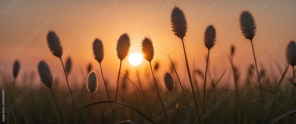 Poster Silhouette of grass flowers against a sunset backdrop with ample space for text and design elements in a serene landscape setting.
