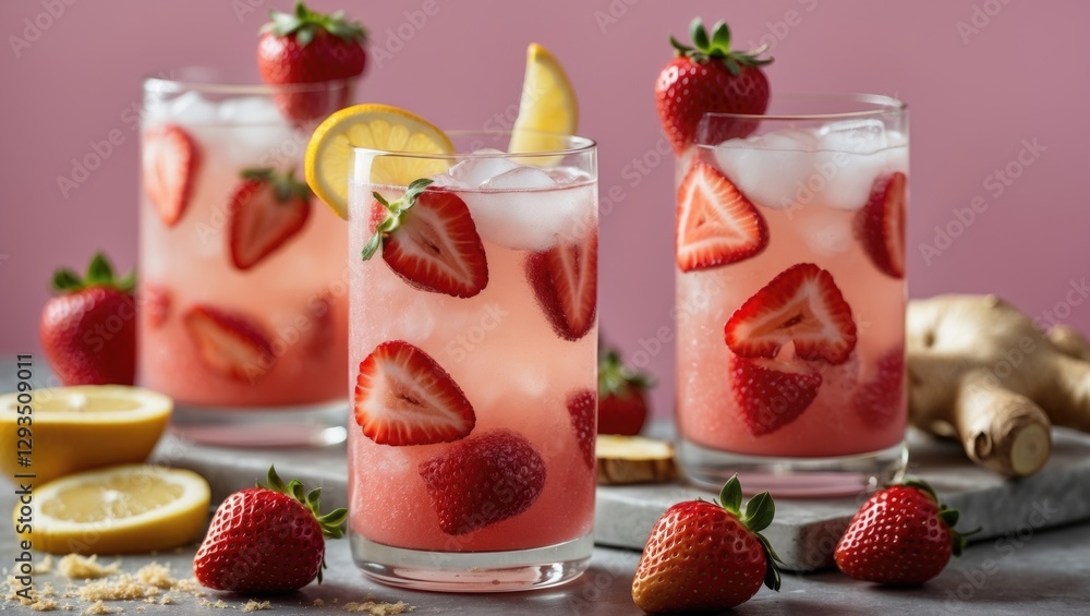 Poster refreshing strawberry ginger mocktail with lemon slices in summer drinks served in glasses garnished