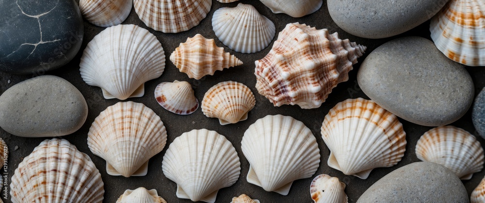 Aufkleber Seashells and smooth stones arranged on a surface with ample copy space for text or design elements. Ideal for coastal themes.