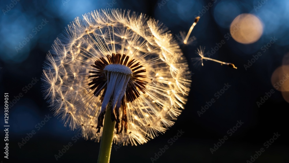 Poster dandelion close-up illuminated by sunset light capturing delicate seeds in motion against a bokeh ba