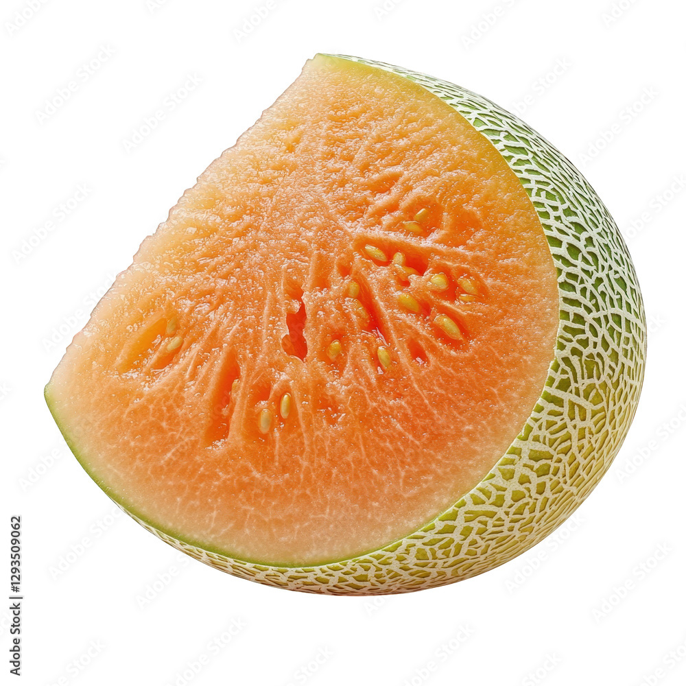 Poster slice of cantaloupe melon. showcasing its textured orange flesh and green rind the fruit is presented on a clean. white background. emphasizing its vibrant color and natural patterns it serves as a vi