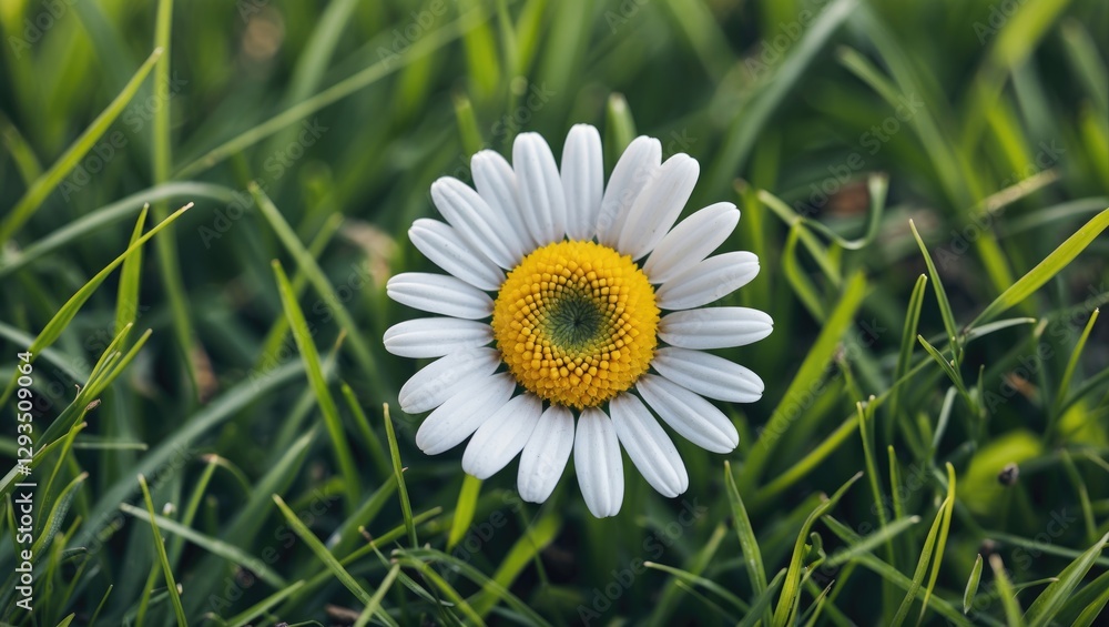 Poster closeup of a single daisy flower in vibrant green grass with ample empty space for text overlay and 