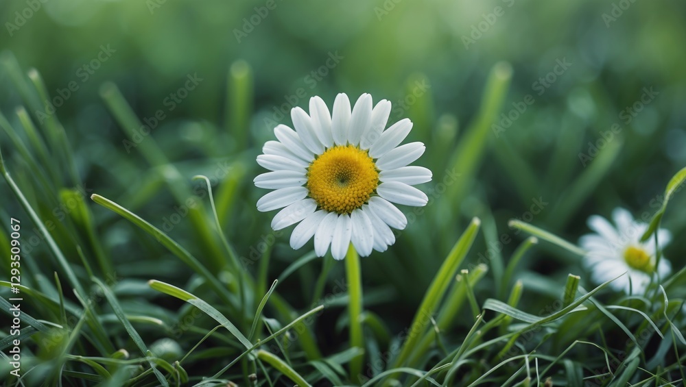 Poster close-up of a single daisy flower against a lush green grass backdrop with ample copy space for text