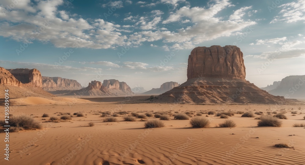 Poster desert landscape with rocky formation under a cloudy sky and open space for text integration