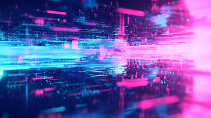 Abstract digital data stream neon pink blue technology background art glow lines light speed style