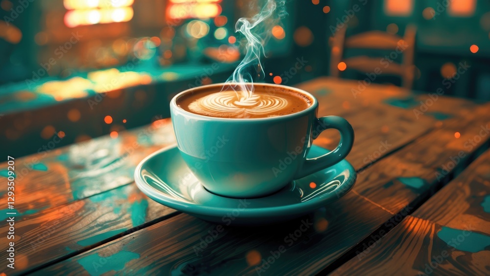 Aufkleber Steaming cup of coffee with artistic latte art on a rustic wooden table in a cozy cafÃ© setting with warm lighting.