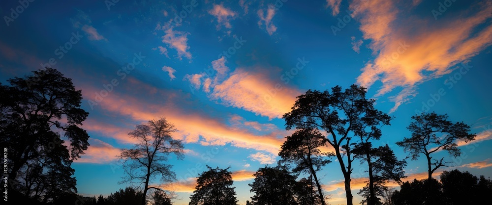 Poster Silhouetted Trees Against Vibrant Blue Sky and Colorful Clouds with Space for Text or Graphics in Nature Background