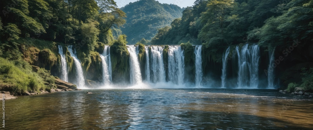 Poster Serene Shifen Waterfalls Surrounded by Lush Greenery with Clear Reflections and Ample Copy Space for Text or Graphics
