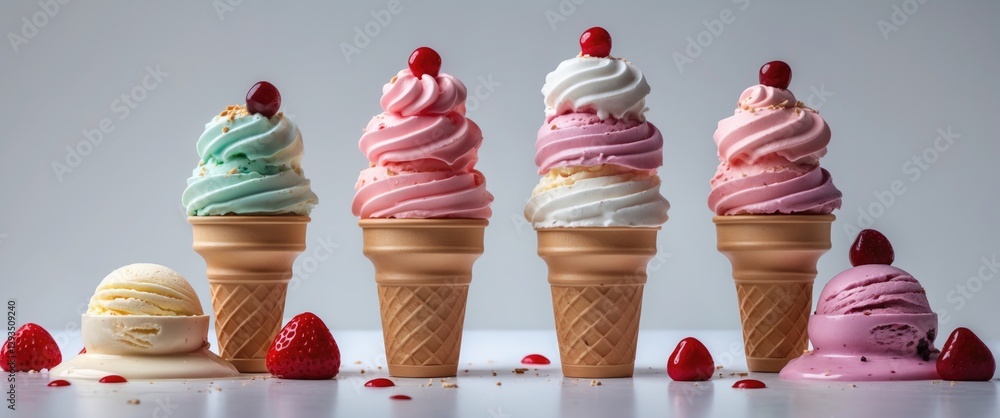 Poster colorful assortment of delicious ice cream cones with toppings and strawberries on a white backgroun