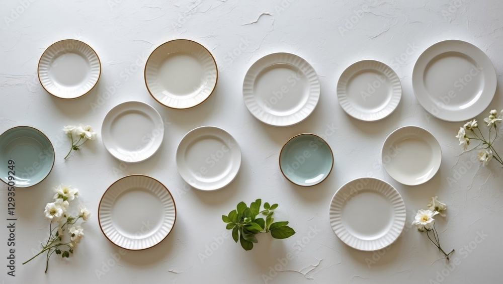 Poster elegant arrangement of small decorative plates on a white background with delicate flowers and green