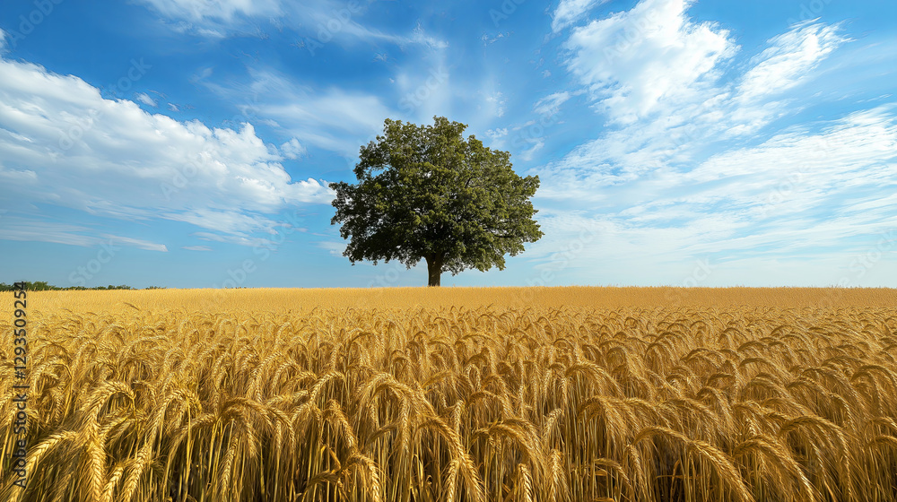 Poster A vast wheat field with a single, ancient oak tree in the middle