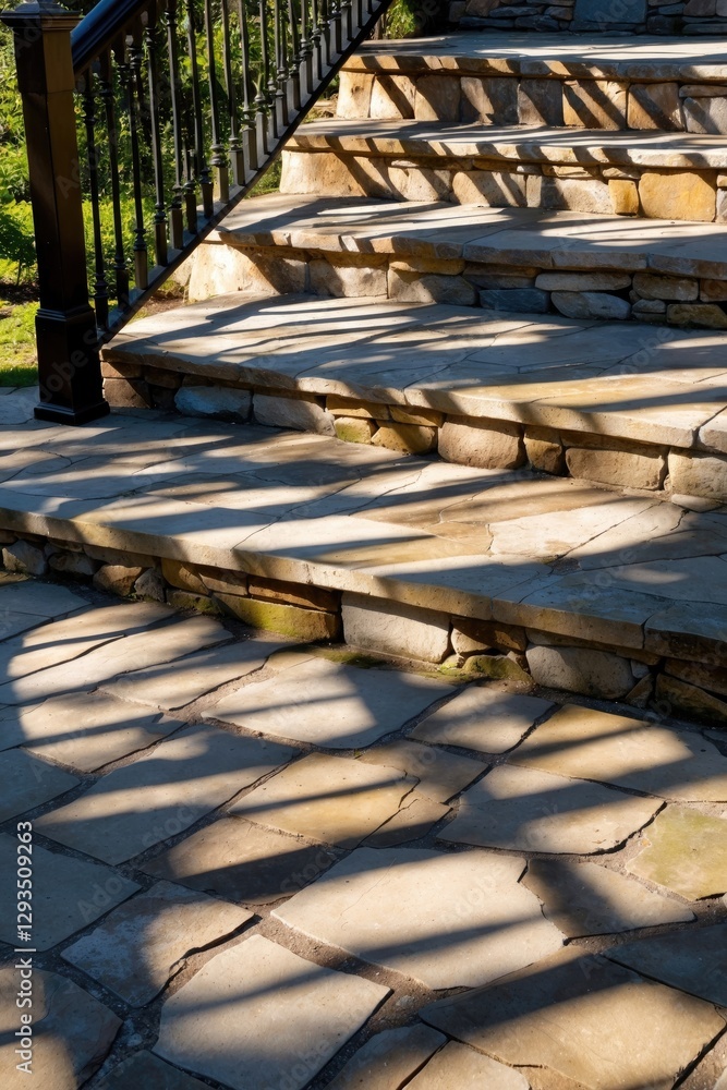 Aufkleber Shadows of railing on sunlit flagstone steps creating a textured visual contrast in a serene outdoor setting.