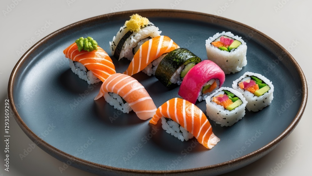 Poster An assorted selection of sushi rolls beautifully arranged on a dark plate with space for additional text or branding elements.