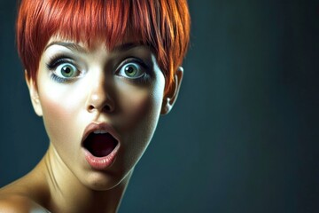 Fototapeta premium Pretty very amazed mixed-race girl - for ads, flyer and online promotion networks use. Short trim - red hair. Commercial marketing artwork. Vibrant hair campaigns. Artistic african hair ads.
