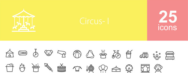 Line icons about circus. a set of 25 icons for a circus.