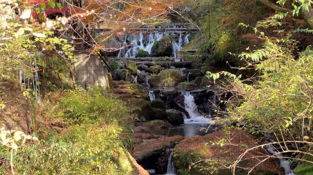 Slow tilt up over cascading waterfalls with fall colors in Kibune, Japan