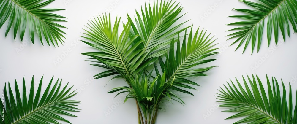 Poster tropical palm leaves arranged on a white background creating a summer holiday vibe with ample copy s
