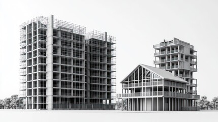 Coastal construction apartment buildings and house under construction, against white background, for architectural visualization