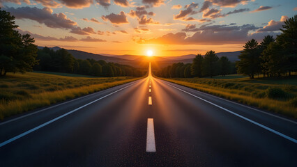 Scenic Open Road at Sunset – Highway to Horizon with Dramatic Sky.