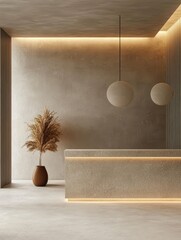 A neutraltoned minimalistic reception desk and its surrounding environment