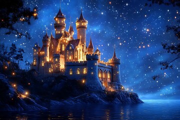Fototapeta premium The Illuminated Castle Perched Upon a Sparkling Nighttime Coast