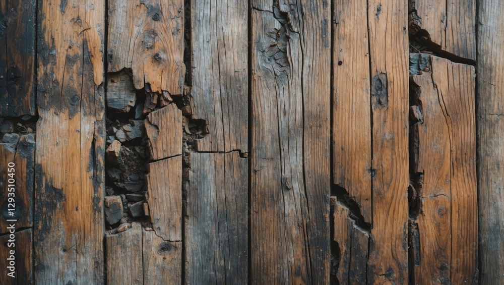 Poster weathered wooden floor background with deep cracks highlighting textures and rustic charm for design