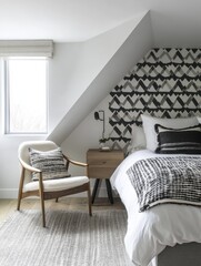 A contemporary bedroom with a chair rug and bed