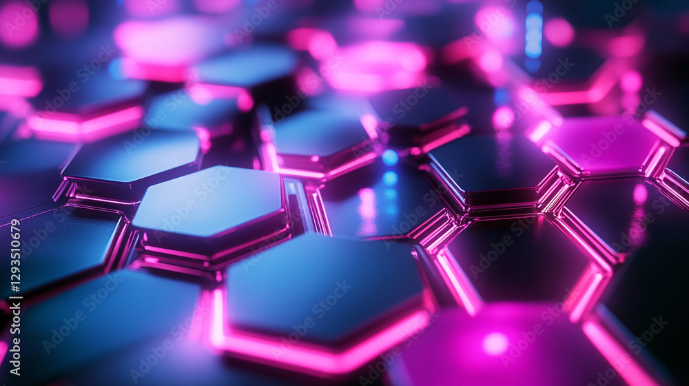 Aufkleber abstract hexagon pattern background with pink and blue neon lights 3d dark grid shiny design modern