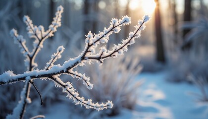 Winter Branch Delicate Serene Sunset Forest