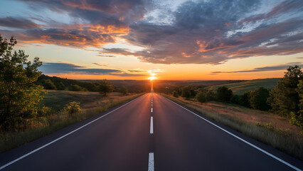 Scenic Open Road at Sunset – Highway to Horizon with Dramatic Sky.