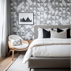 A Modern Bedroom with Minimalist Furnishings and Textured Wall Paper