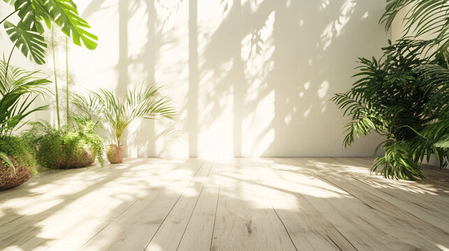 White room filled with numerous plants such as flowers and palm trees casting shadows from window light A minimalist interior with white walls, wainscoting, and hardwood floors. The sunlight streaming