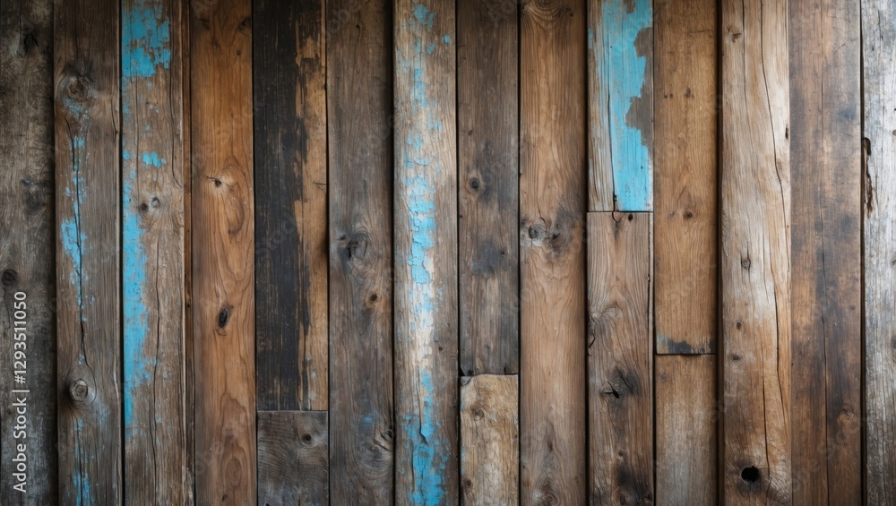 Poster weathered wooden panels with blue accents creating a rustic textured background for design and artis