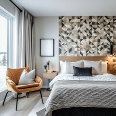 The modern bedroom displays a warm and inviting interior scene