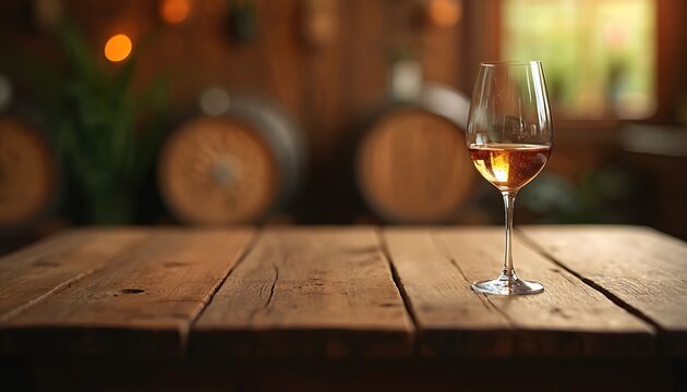 Closeup of wineglass on rustic wooden table. Amber color drink on desk. Wooden barrel at background. Luxury winery showcase for alcohol degustation, wine presentation. Calm relaxation mood.